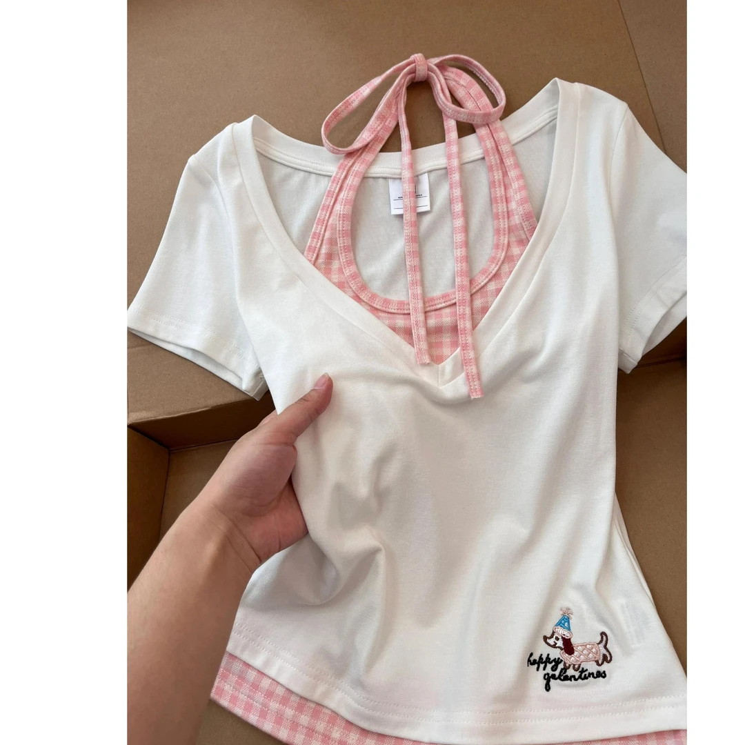 夏季新款纯欲甜美假两件格子拼接正肩短袖百搭气质修身T恤甜上衣