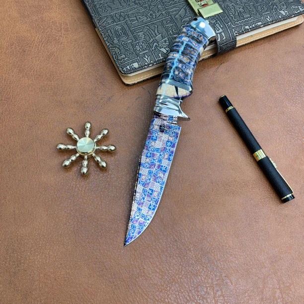 诚茜 手工制作烤蓝马赛克大马手柄猛犸臼齿多功能水果刀