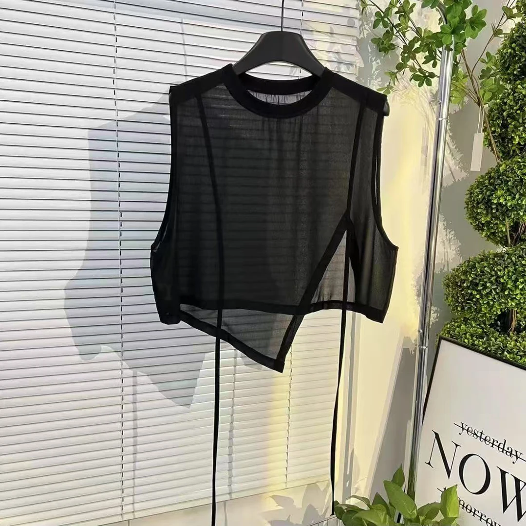 欧货洋气网纱上衣女2025夏季新款显瘦圆领不规则无袖背心马夹