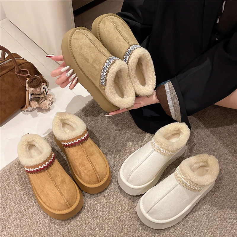 2025冬新款厚底雪地靴女鞋一脚蹬民族风鞋子加绒加厚棉鞋两穿拖鞋