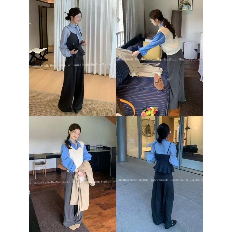 【花花】垂垂西裤~韩代款设计师款高腰压褶宽松直筒休闲西裤