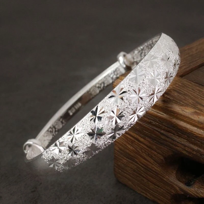 足银手镯 3号【满天星福字】足银999手镯纯银推拉手镯情侣老人推拉