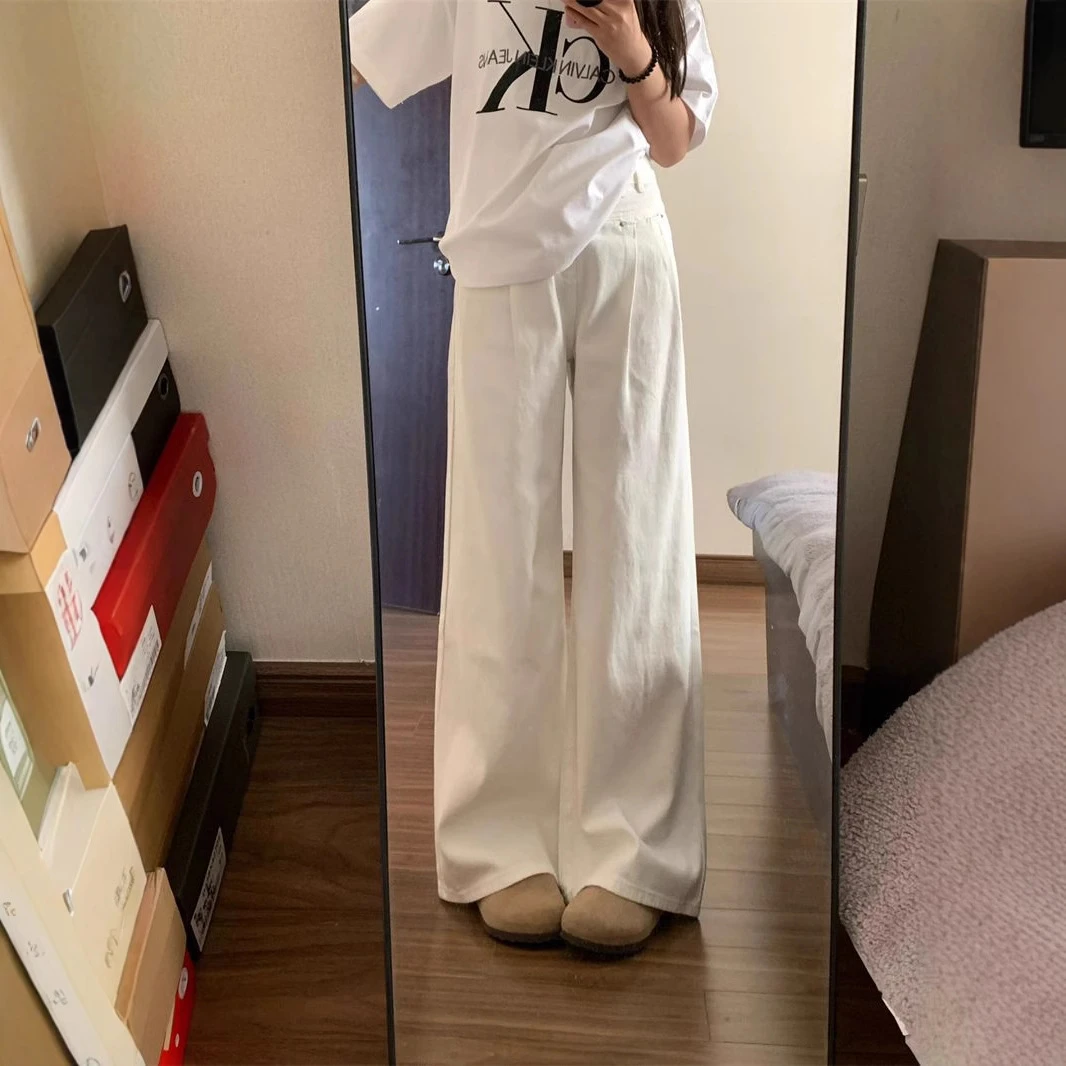 牛仔裤潮流春游春秋季新款显瘦宽松褶皱阔腿直筒休闲垂感拖地裤