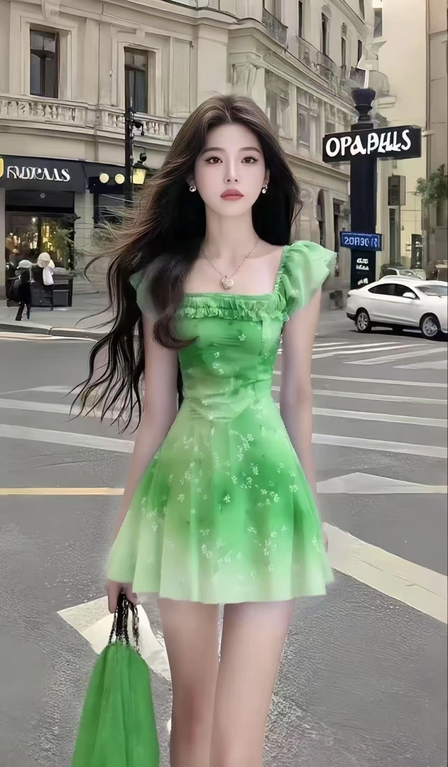 渐变绿性感辣妹碎花裙小众设计感新款短款连衣裙气质甜美清新显瘦