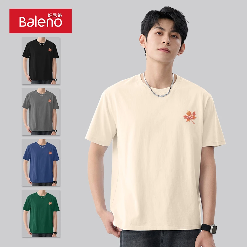 班尼路短袖t恤男夏季新款枫叶印花纯棉半袖宽松情侣浅米色体恤X