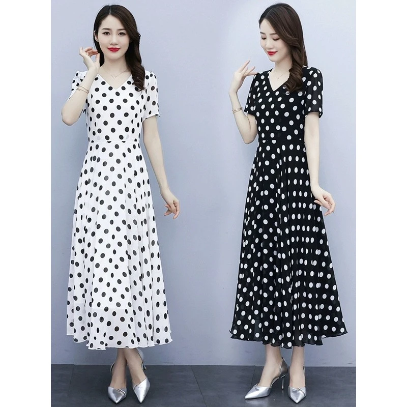 2025法式黑白波点连衣裙女夏雪纺高级感气质大码胖MM大摆圆点长裙