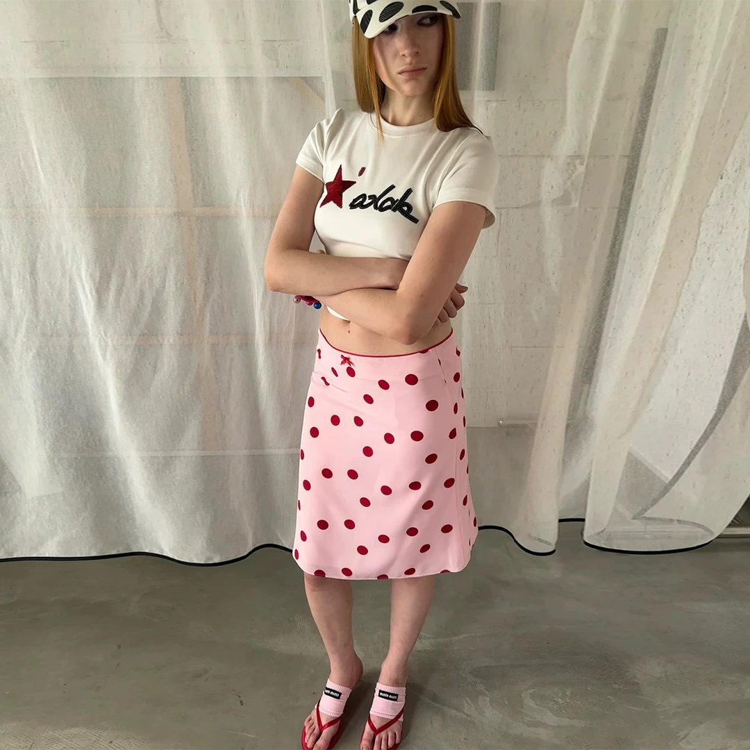 Gemini买手店Oclock复古粉色红波点直筒半身裙2025夏季新款裙子