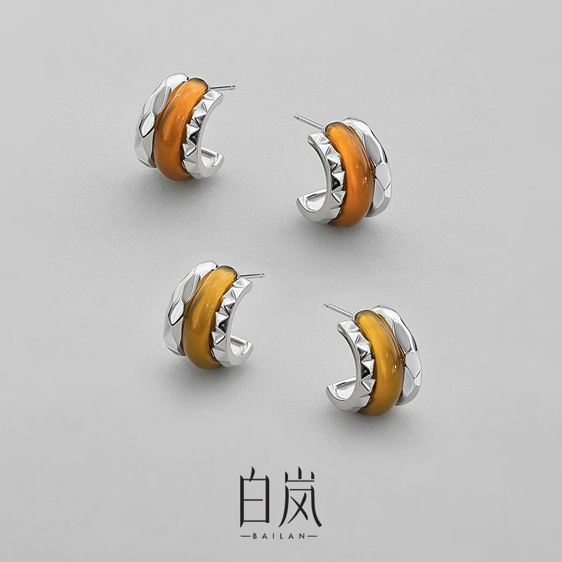 白岚落霞耳钉925银玛瑙新款轻奢耳环耳饰女ED4352