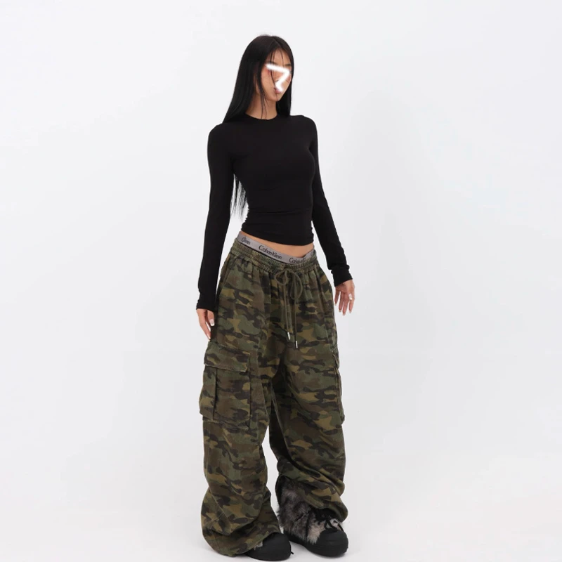 Two Million/辣妹基础长袖上衣+街舞爵士拽酷迷彩拖地长裤套装