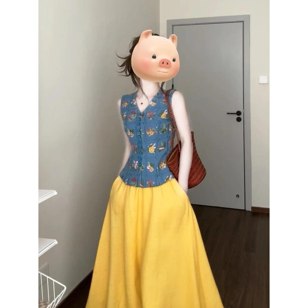 复古花朵刺绣v领马甲女2025夏季气质修身上衣黄色高腰半身裙套装