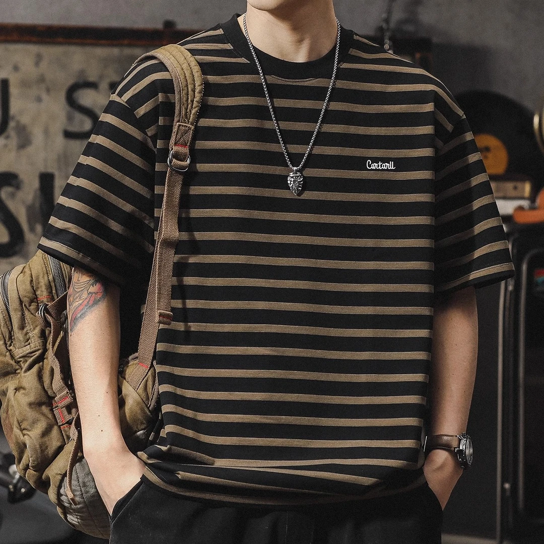条纹短袖t恤男纯棉重磅260g新款夏季美式潮牌宽松休闲圆领半袖潮T