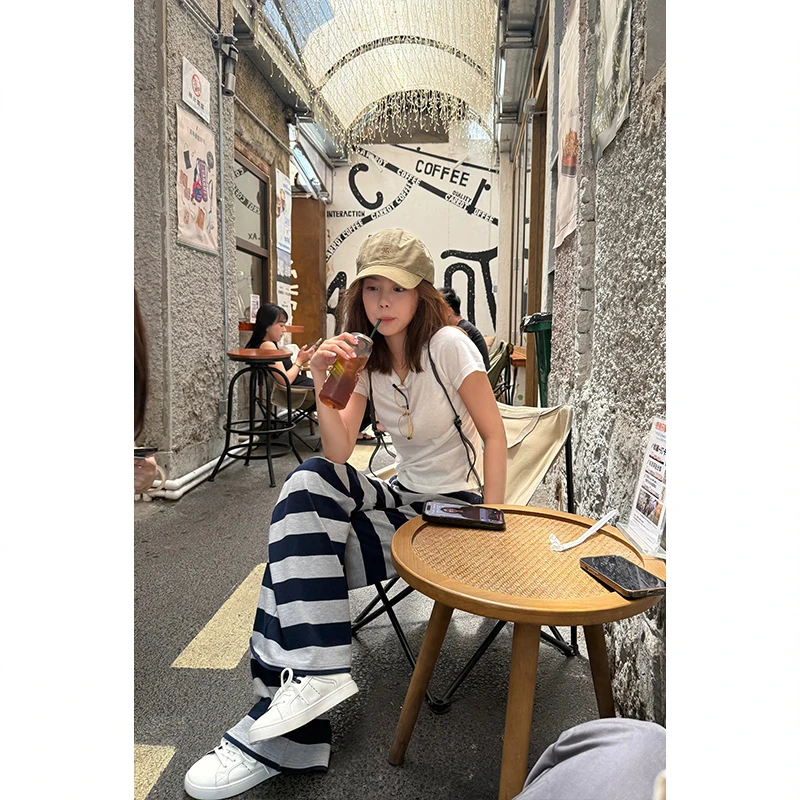 Tuuuh【海岸线】 撞色条纹休闲裤女夏季松紧腰拖地直筒裤K34883TU52