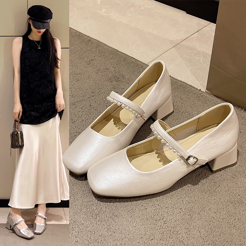 法式玛丽珍鞋女2025春夏新款一字带褶皱低跟软底浅口配裙子单鞋女