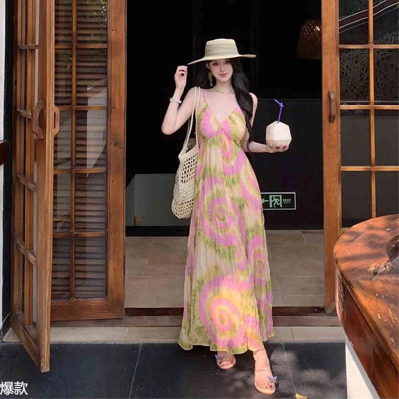 泰国云南西双版纳度假风印花挂颈吊带洋装女海岛沙滩拍照长裙子