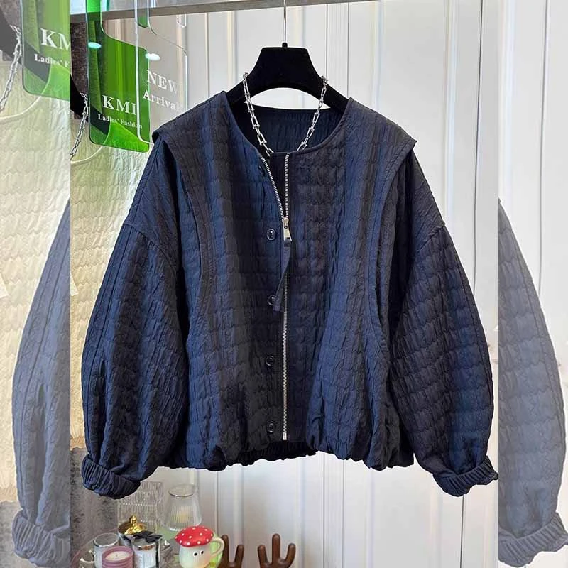 肌理感小众秋冬韩版新款压皱宽松菱形格拉链外套女大码宽松潮流衣