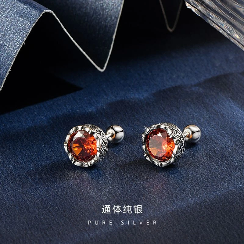 925银耳饰 s925银个性风潮复古做旧风格圆形红色石拧螺丝耳骨钉
