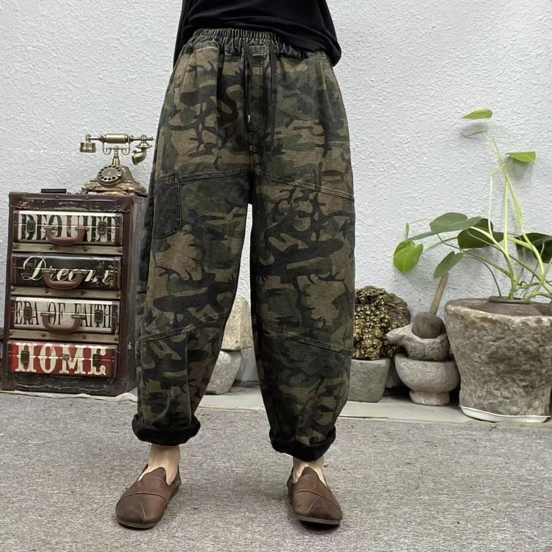 799军绿迷彩右腿拼黑色小口袋炒色牛仔裤（长94臀围126脚口40