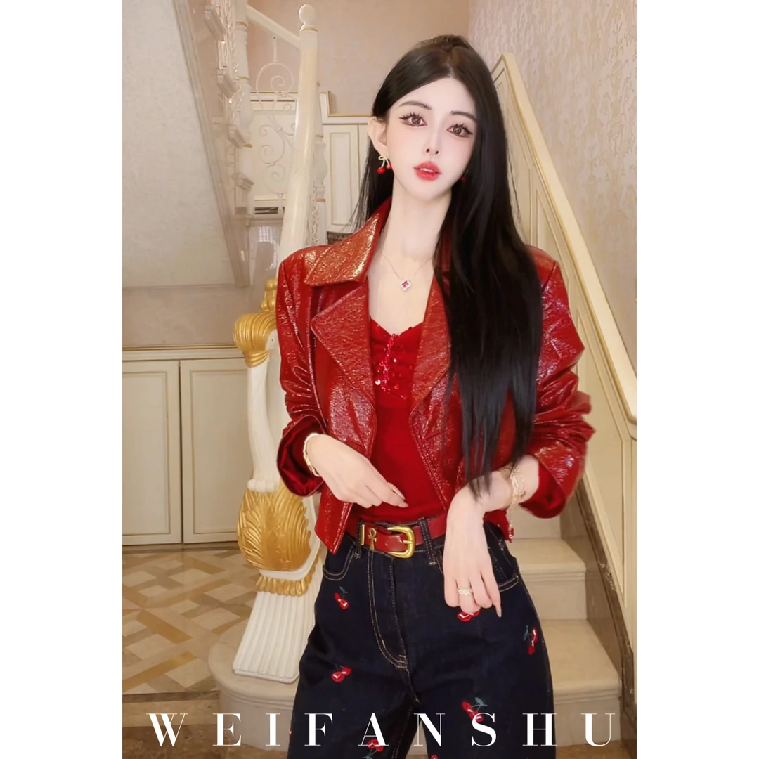 WEIFANSHU/魏凡舒【魅力女士】早秋新款百搭设计感翻领时尚羊皮外套