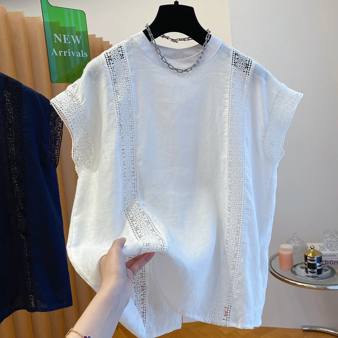 胖妹妹240斤大码高端纯棉短袖T恤女宽松蕾丝拼接镂空小飞袖上衣夏
