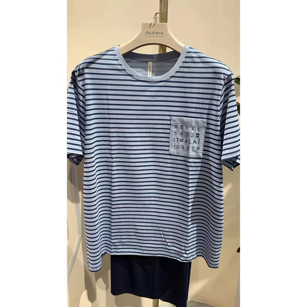【岳姐姐】夏季男士冰感棉圆领半袖短裤条纹睡衣家居服套5238