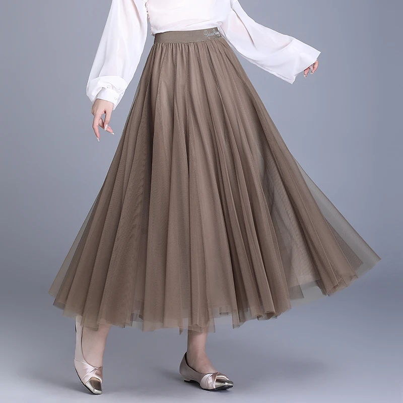 20片网纱A字半身裙春秋高腰显瘦中长款春季大摆长裙1E春夏6251