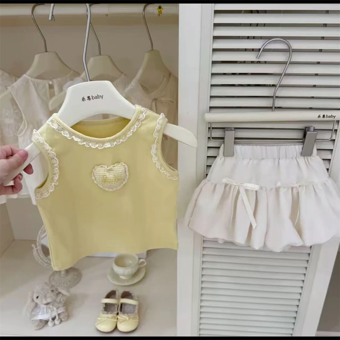 女童夏季韩版套装爱心穿搭儿童蝴蝶结花苞裤洋气女孩花边无袖背心
