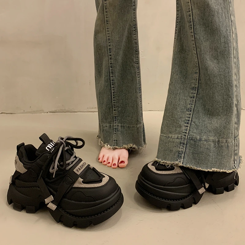 SJBOB增高厚底松糕老爹鞋女2025秋冬新款加绒黑色百搭休闲运动鞋