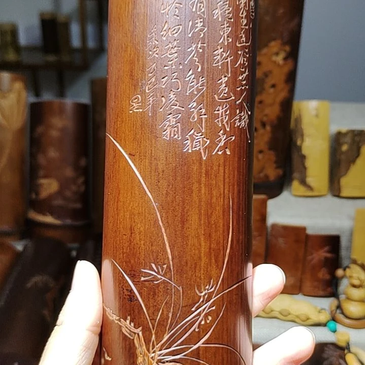 大***然竹竹雕兰花茶则手把件