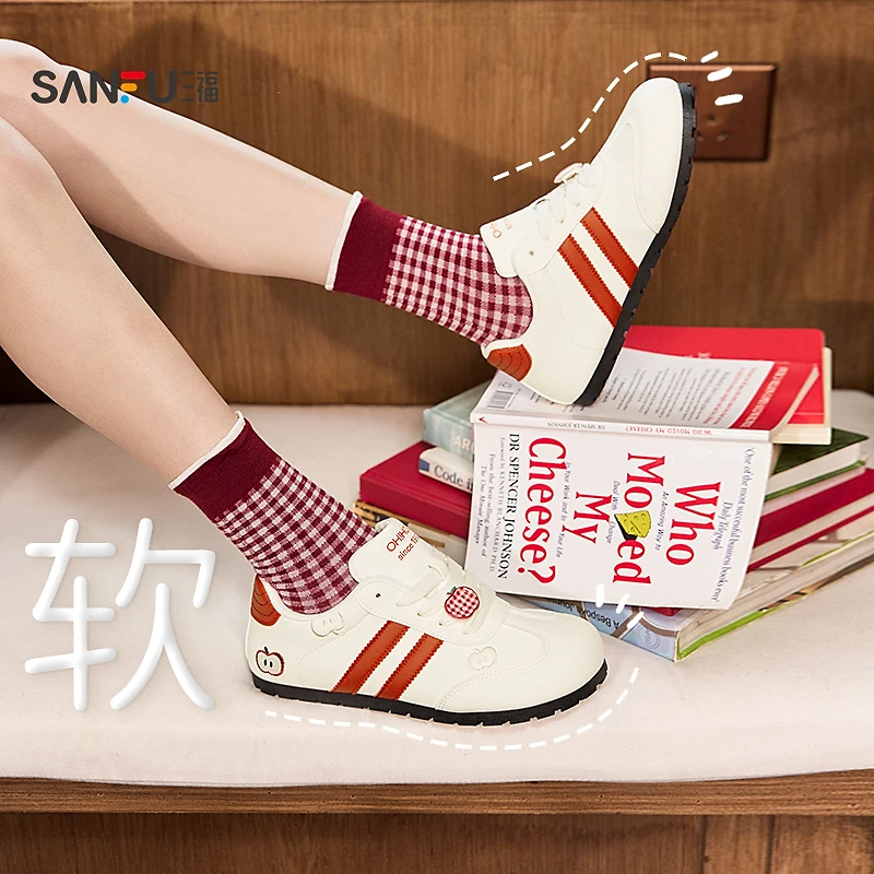 三福低帮板鞋女秋季学院运动风蝴蝶结撞色大头歪头女鞋839631