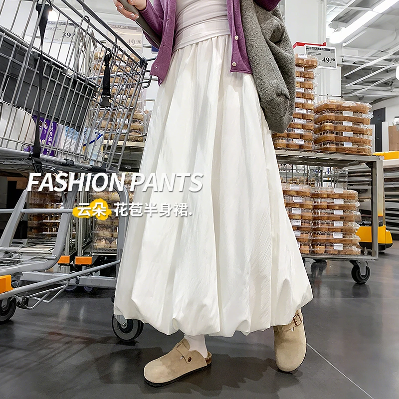 白色花苞裙半身裙女春季2025新款高腰赫本云朵裙蓬蓬中长款裙子夏