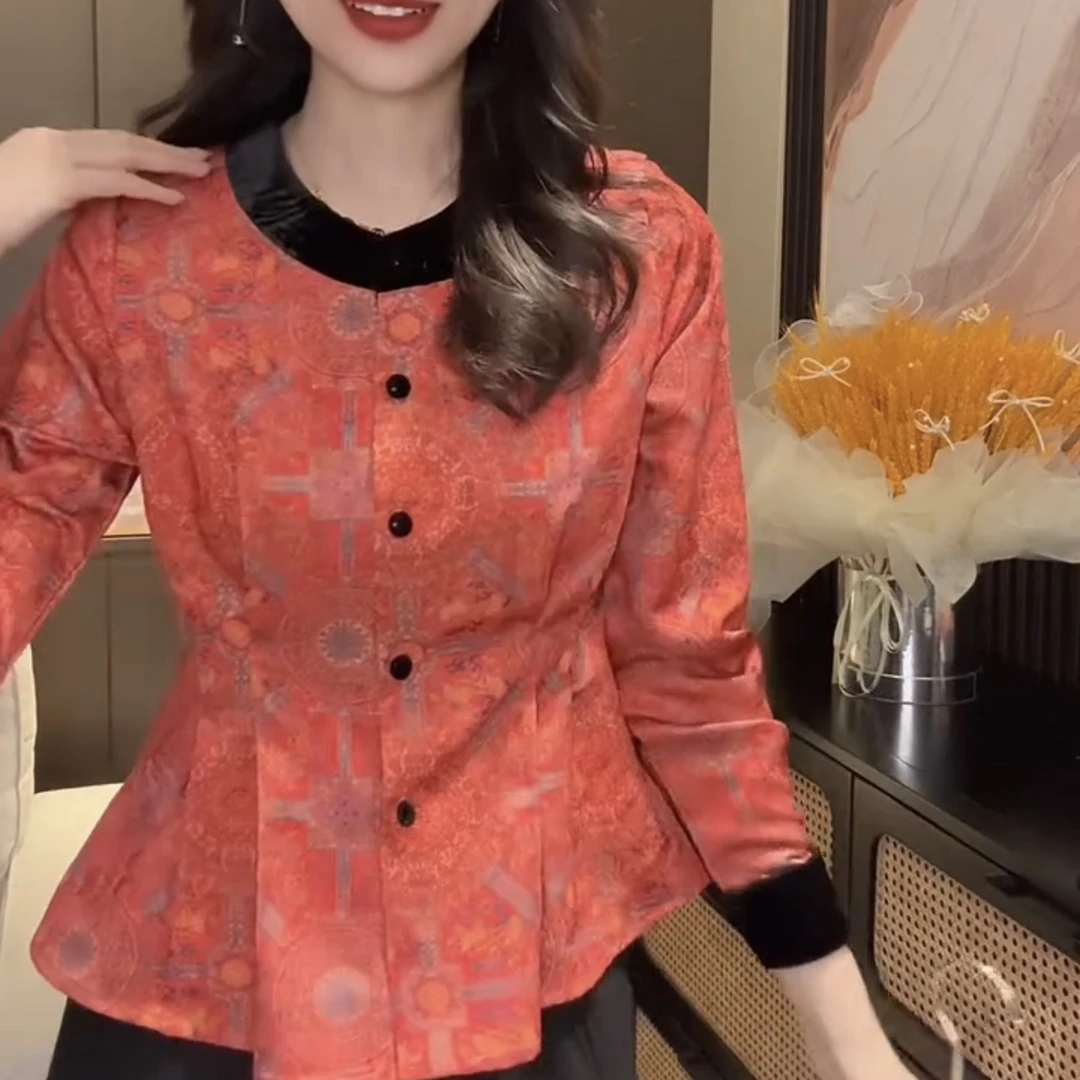 新中式复古改良加绒旗袍衫大码女装秋冬款拼色立领收腰暗花小衫