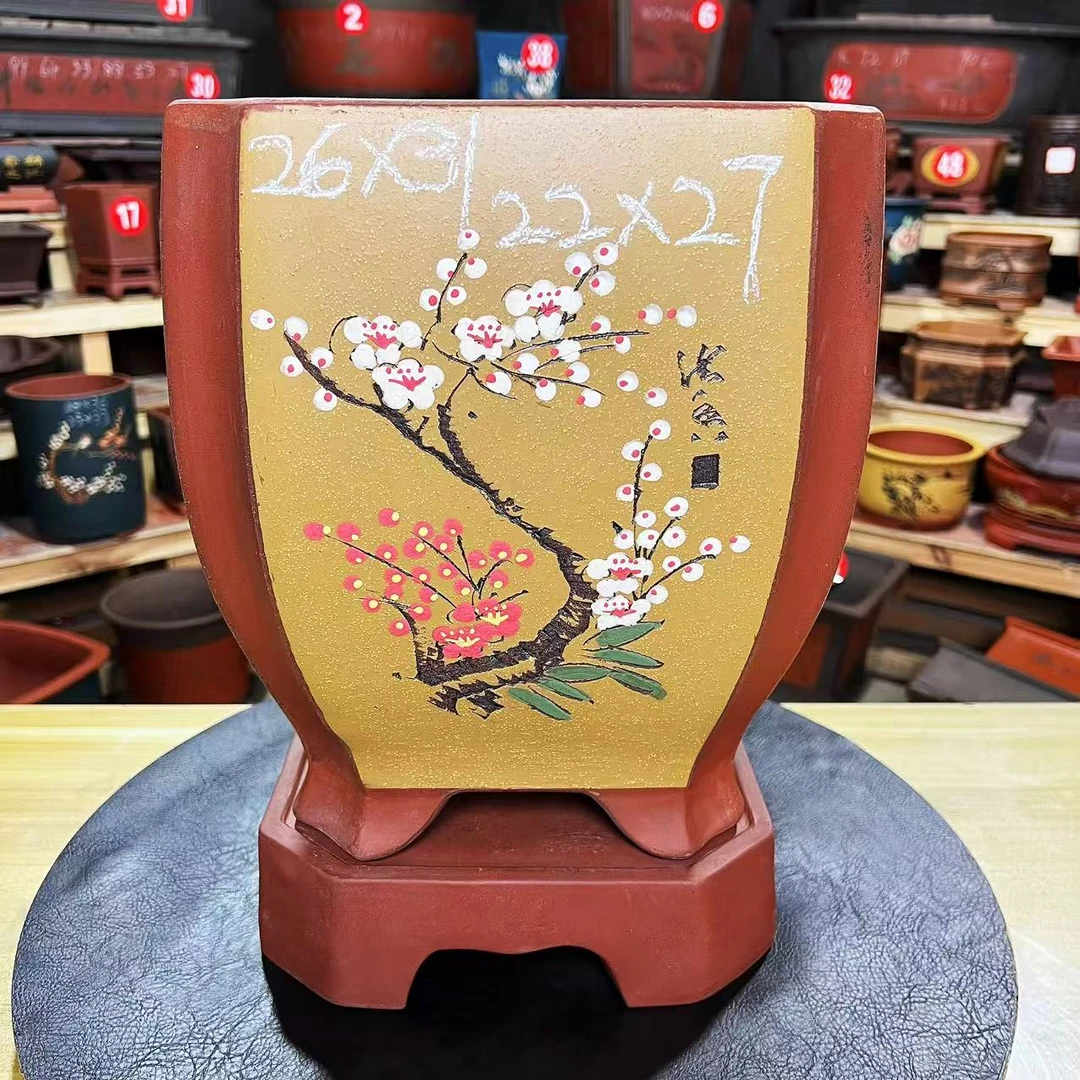 8纯手工特厚精刻四方切角四方紫砂花盆