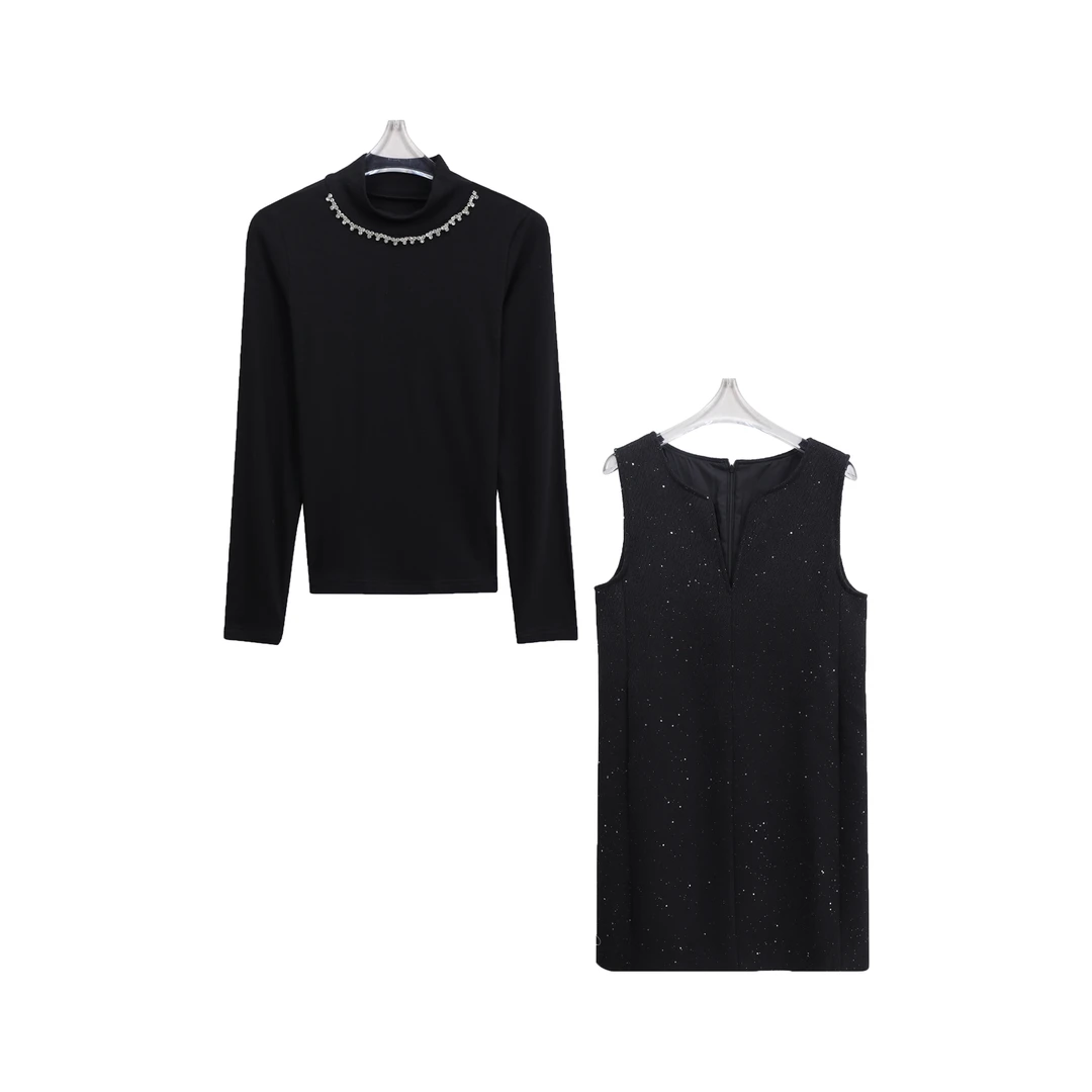 S 小香风连衣裙拼接背心裙钉珠打底衫两件套C14046