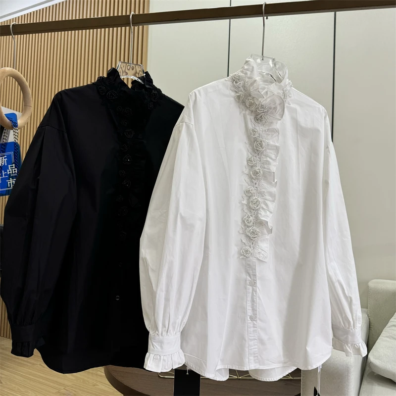 立体花朵木耳花边单排扣宽松长袖衬衫女花边立领时髦小衫白色衬衣