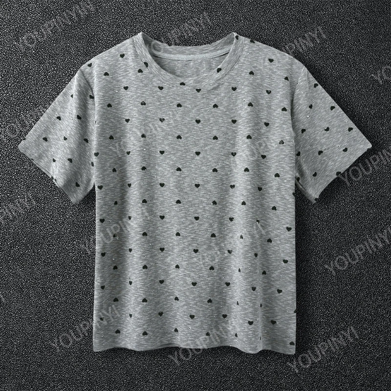 短袖T恤女2025夏季新款爱心印花烫钻设计感百搭休闲显瘦时尚上衣