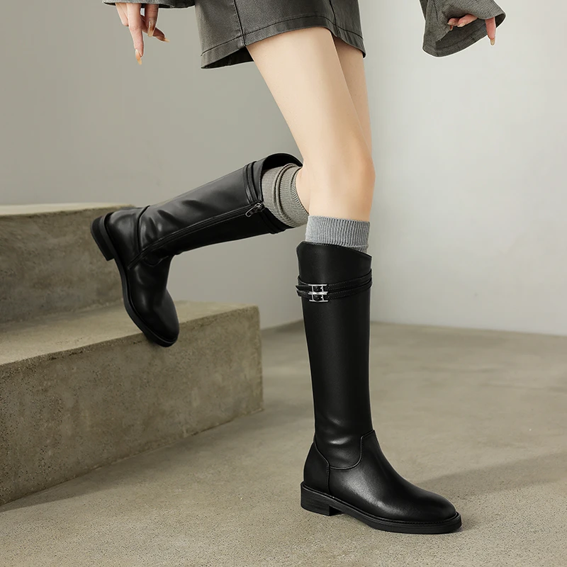 VICEN FIFI3cm牛皮骑士靴女2025冬新款粗跟高筒靴显瘦不过膝长靴