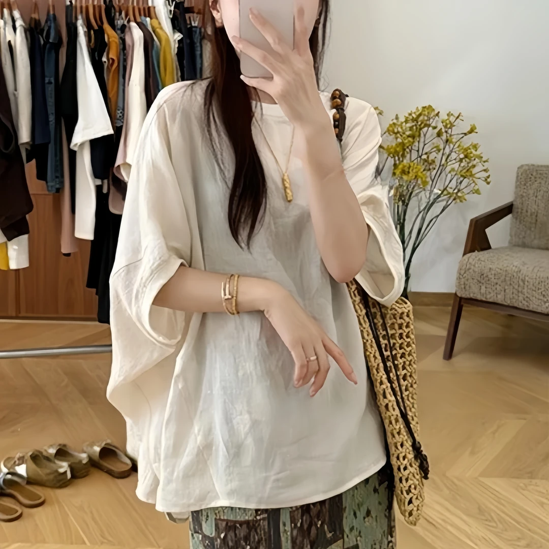 纯色慵懒蝙蝠袖T恤女2025夏季大码胖MM宽松显瘦百搭圆领短袖上衣