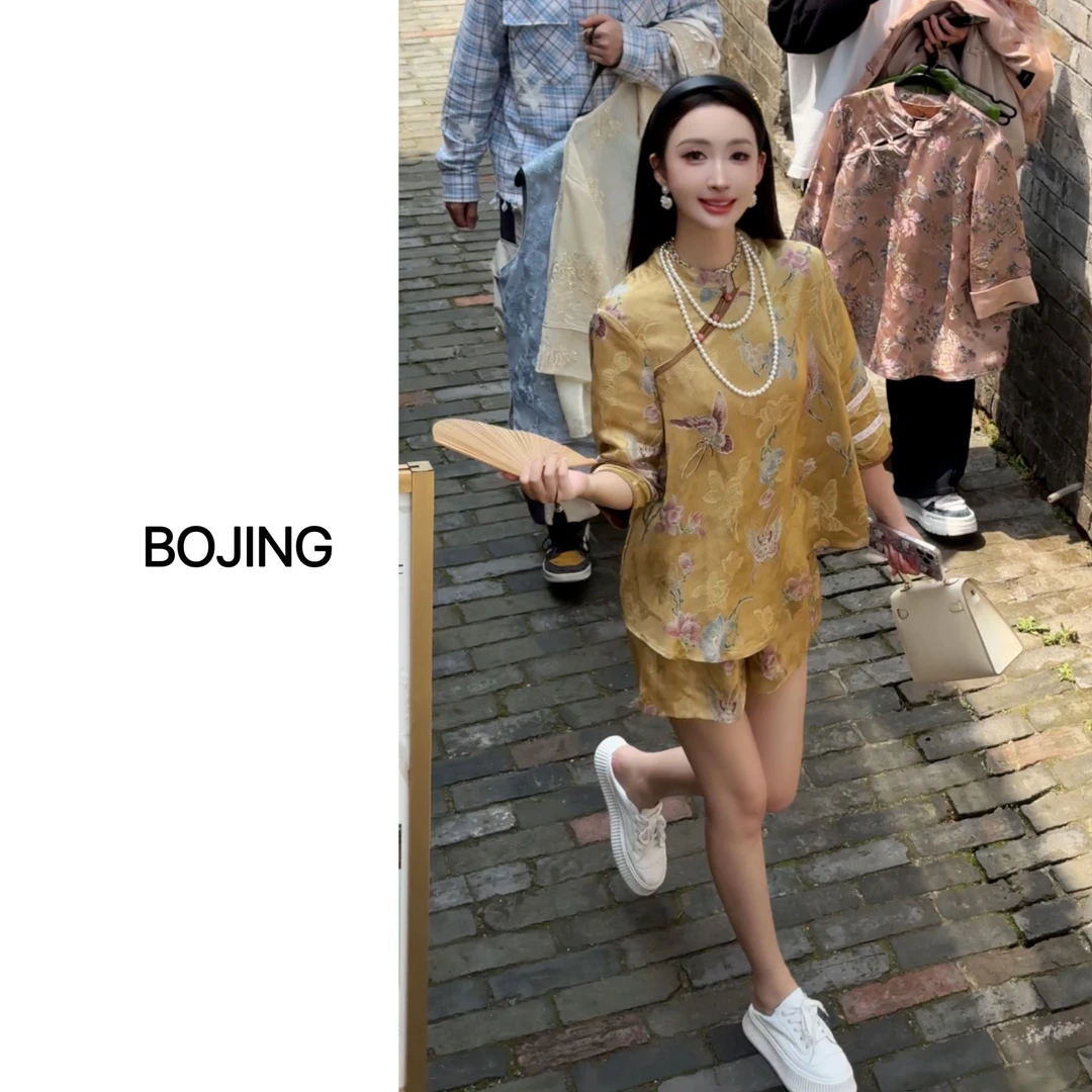 现货【风吹半夏】新中式休闲百搭桑蚕丝水墨印染国风上衣短裤套装