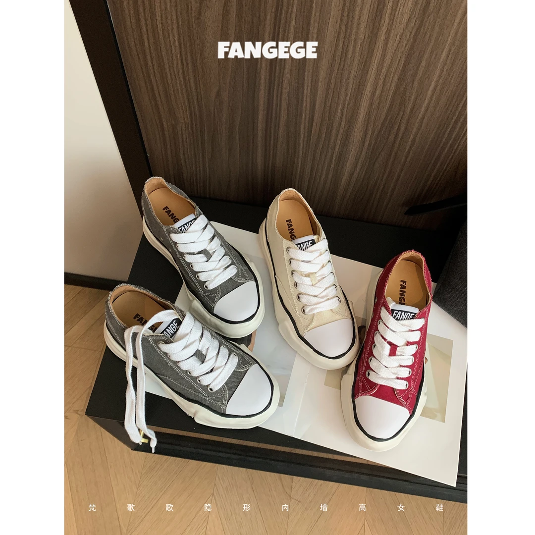 FANGEGE/梵歌歌 8cm增高溶解鞋女2025夏季复古厚底帆布鞋休闲板鞋