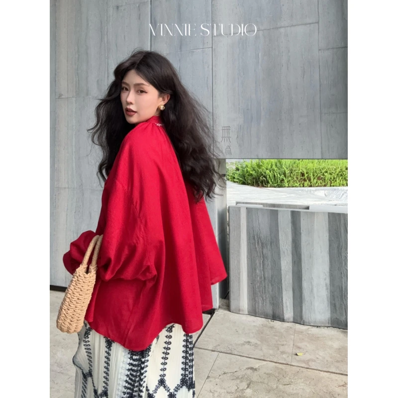 高温妮【格林童话】复古正红色百搭纯色宽松休闲上衣秋冬季5e52298