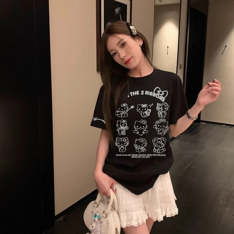 240克潮牌夏季纯棉短袖t恤KT猫印花百搭半袖港风圆领中长款上衣