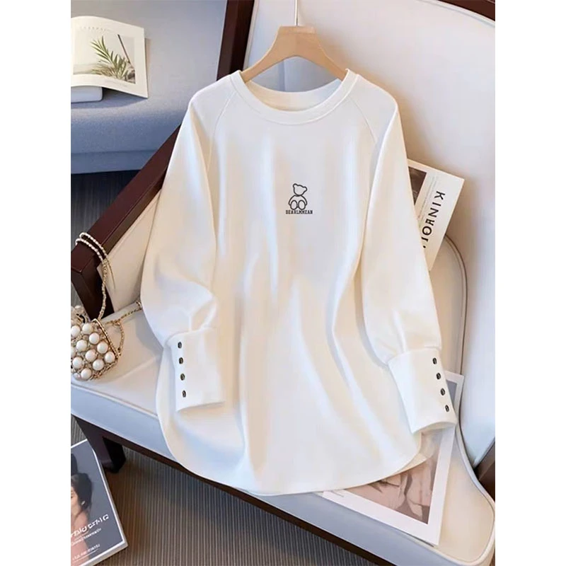 热卖白色纽扣袖子圆领长袖t恤女高级感中长款宽松优质棉春秋冬季