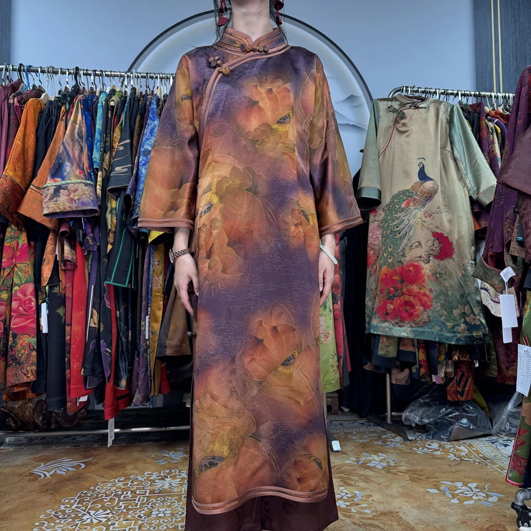 65姆米紫色牡丹花袍子100桑蚕丝款