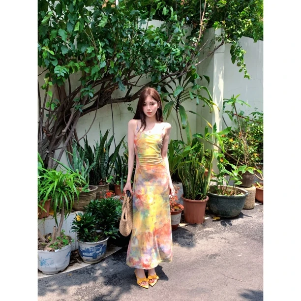赵小小【夏日艺术】纯欲风收腰吊带晕染油画裙子慵懒风连衣裙27397