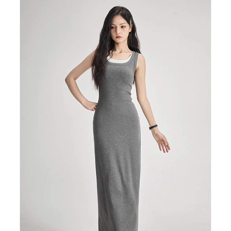 艾格假两件U领针织背心裙女2025年夏季新款A摆螺纹长款无袖连衣裙