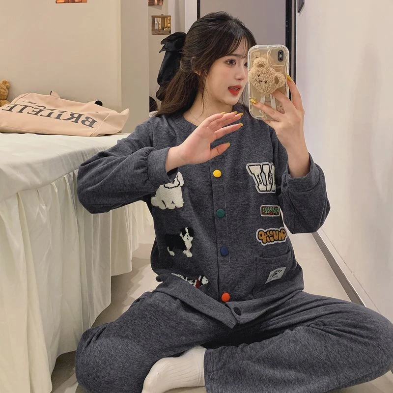 秋冬季男女同款卡通小狗长袖睡衣羊绒外穿加厚保暖家居服两件套