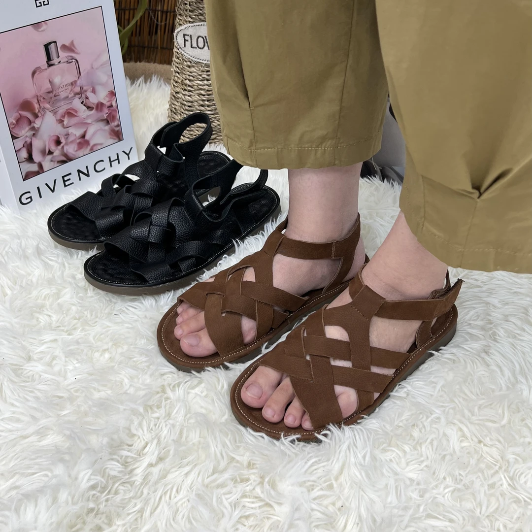 慕云手工夏季新款真皮软底软面交叉编织露趾百搭舒适凉鞋6699