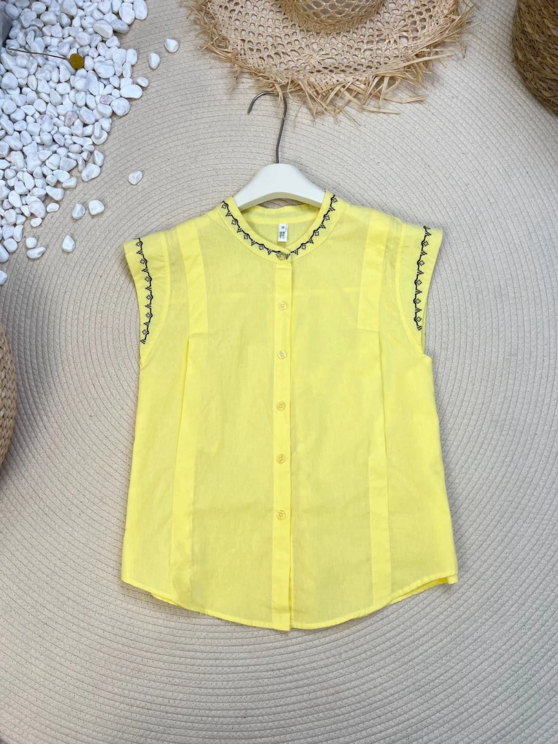 国风刺绣纯棉无袖衬衫女夏季洋气减龄立领显瘦棉麻小飞袖开衫上衣