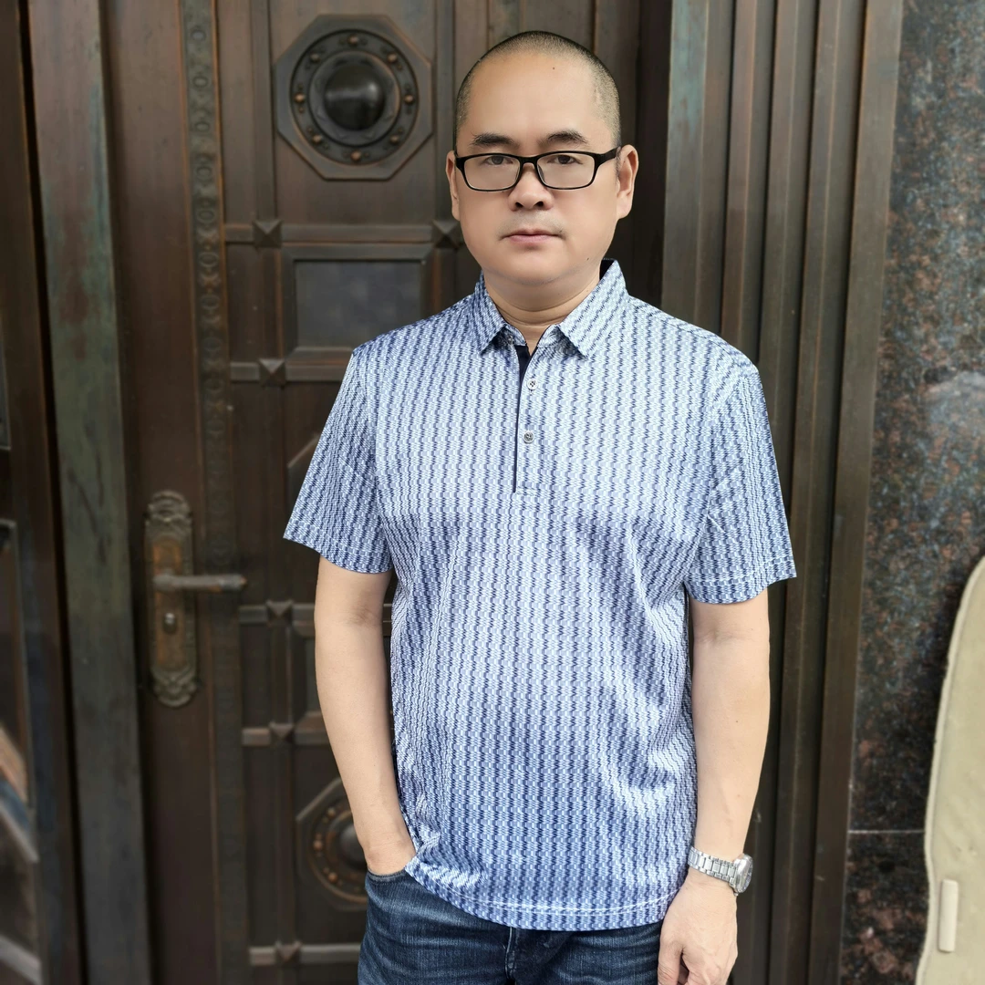 （帛贸百分百桑蚕丝2507）男士重磅提花夏季中年男士短袖T恤