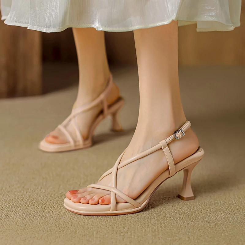6cm/7.5cm/2025夏仙女风百搭交叉扣带性感舒适踩屎感细跟高跟凉鞋